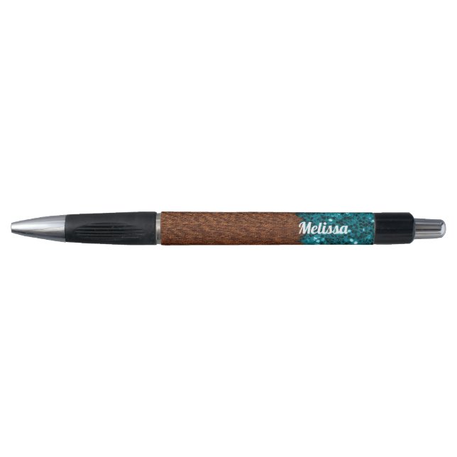 Aqua blue sparkles rustic brown wood Personalize Pen (Front)