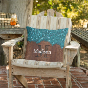 Aqua blue sparkles rustic wood Monogram PLdesign Outdoor Pillow