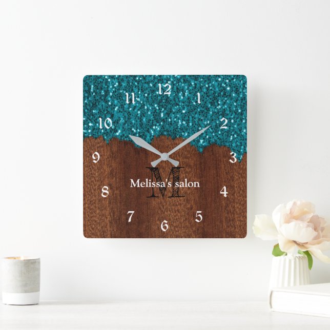 Aqua blue sparkles rustic wood Salon Monogram Square Wall Clock (Home)
