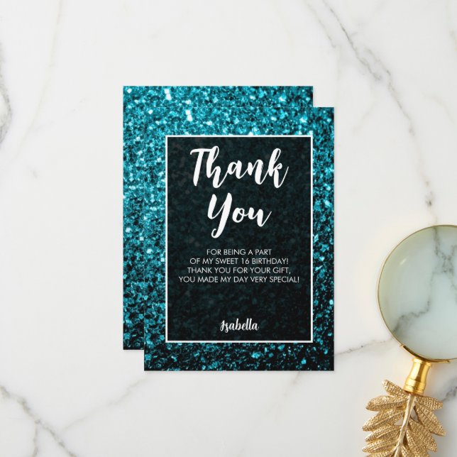 Aqua blue sparkles Sweet 16 elegant script Thank You Card (Front/Back In Situ)