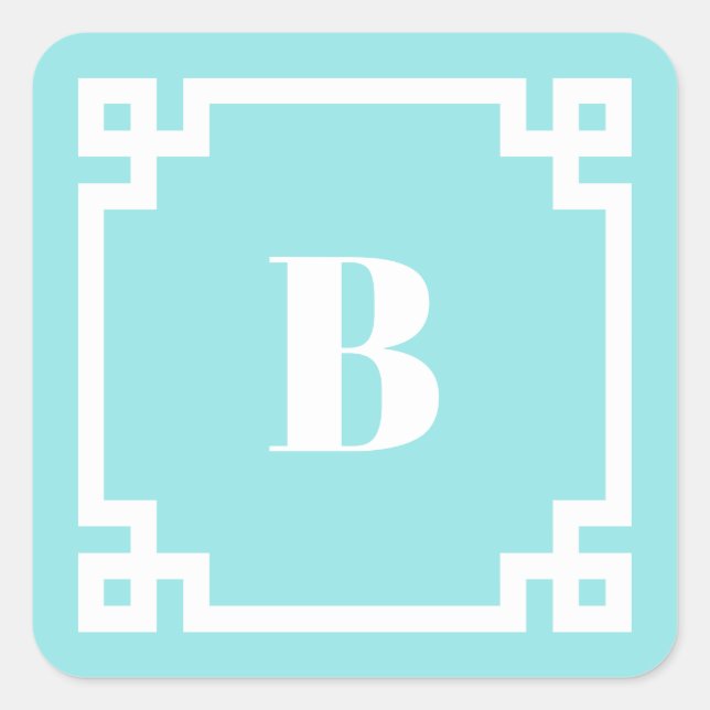 Aqua Blue Square Greek Key Border Monogrammed Sticker (Front)