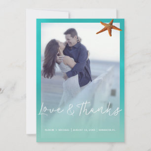 Aqua blue starfish beach wedding thank you photo card