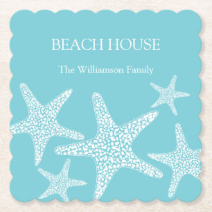 Aqua Blue Starfish Coastal Beach House Family Paper Coaster