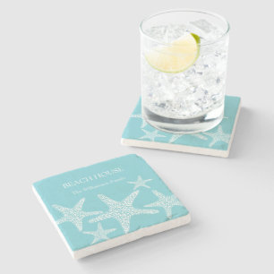 Aqua Blue Starfish Coastal Beach House Family Stone Coaster