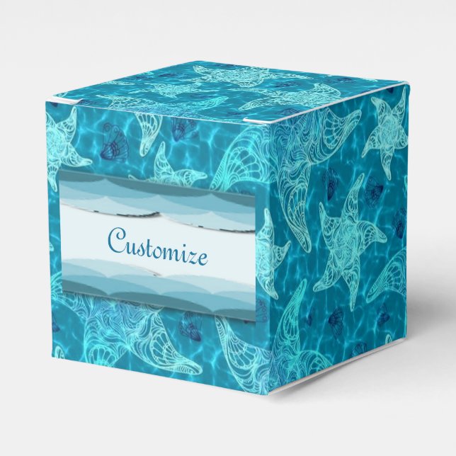 Aqua Blue Starfish Pattern Cube Favour Box (Front Side)