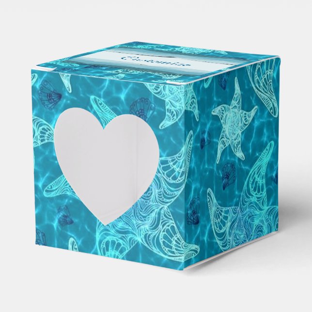 Aqua Blue Starfish Pattern Heart Favour Box (Front Side)