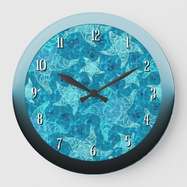 Aqua Blue Starfish Pattern Round Wall Clock (Front)