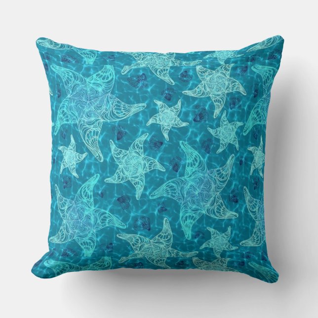 Aqua Blue Starfish Pattern Throw Pillow (Front)