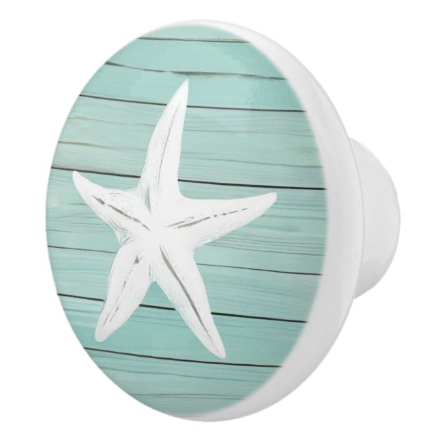 Aqua Blue Starfish Sea Star Faux Wood Drawer knob (Right)