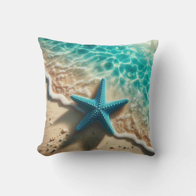 Aqua Blue Starfish Seashell Tropical Beach Ocean Throw Pillow (Front)