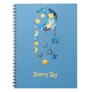 Aqua Blue Starry Sky Yellow Stars Moons Notebook