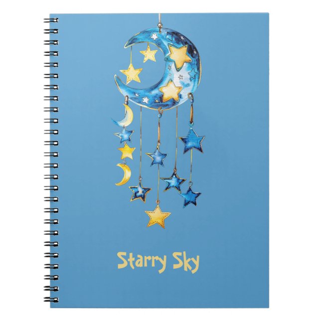 Aqua Blue Starry Sky Yellow Stars Moons Notebook (Front)