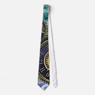 Aqua, Blue steampunk print tie, gears, cogs, clock Tie