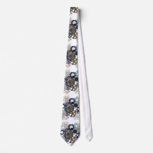 Aqua, Blue steampunk print tie, gears, cogs, clock Tie