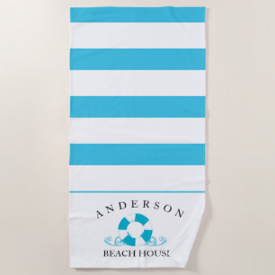 Aqua Blue Stripe Personalized Beach House Beach Towel