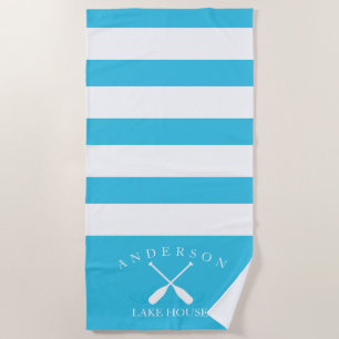 Aqua Blue Stripe Personalized Lake House Beach Towel