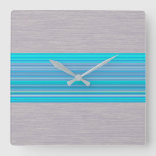 Aqua Blue Striped Pattern on Silver Grey Square Wall Clock
