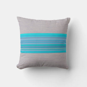 Aqua Blue Striped Pattern on Silver Grey Throw Pillow