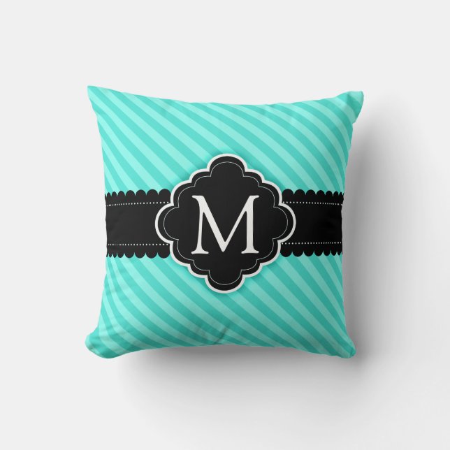 Aqua Blue Stripes Pattern Black Custom Monogram Throw Pillow (Front)