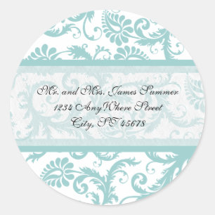 Aqua Blue sur blanc Damask Adresse Mariage Sticker