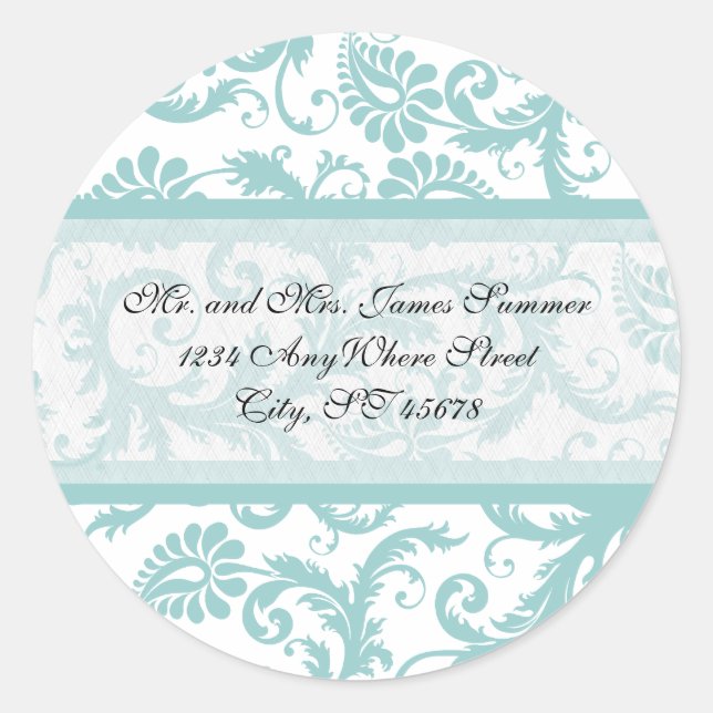 Aqua Blue sur blanc Damask Adresse Mariage Sticker (Devant)