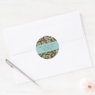 Aqua Blue sur Brown Damask Adresse Mariage Sticker