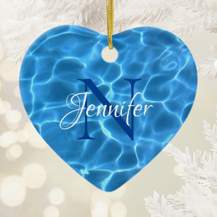 Aqua Blue Swimming Pool Photo Monogram Ceramic Ornament