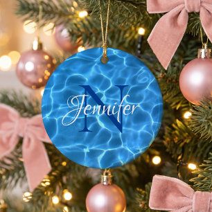 Aqua Blue Swimming Pool Photo Monogram Ceramic Ornament