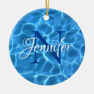 Aqua Blue Swimming Pool Photo Monogram Ceramic Ornament