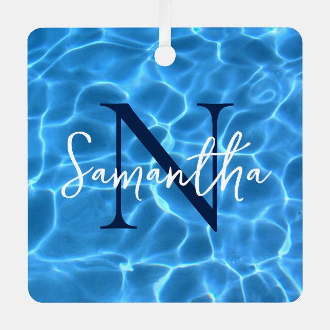 Aqua Blue Swimming Pool Photo Monogrammed Metal Ornament (Front)