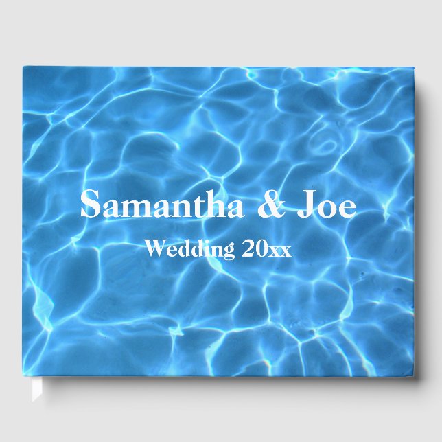 Aqua Blue Swimming Pool Photo Personalized Wedding Guest Book (Front)