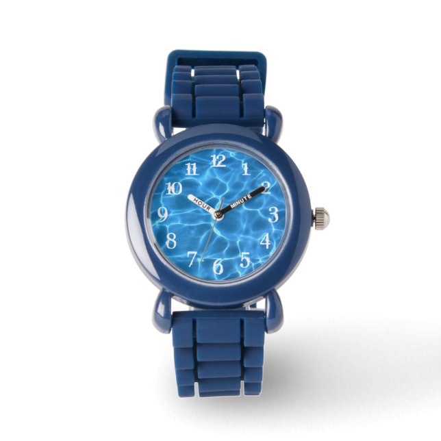 Aqua Blue Swimming Pool Photo White Splash Numbers Watch (Front)