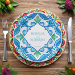 Aqua Blue Talavera tiles monogrammed wedding Paper Plate<br><div class="desc">Wedding menu cards Mexican Talavera monogrammed wedding paper plates template Aqua Blue Azulejo Talavera Spanish Mexican tiles elegant wedding plates,  vibrant bold colours customized paper plates personalized wedding reception decor personalized plates</div>