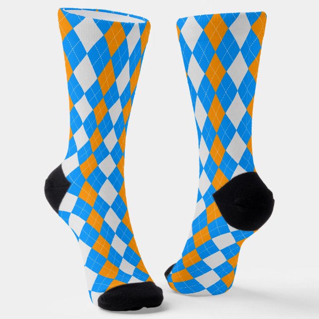 AQUA BLUE & TANGERINE ORANGE Argyle Pattern Socks (Angled)