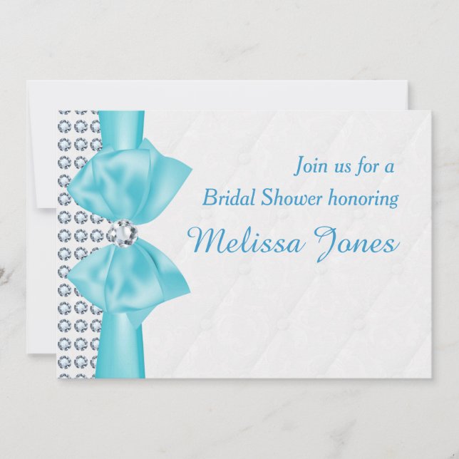 Aqua Blue Teal Bow Diamond Bling Party Invitation (Front)