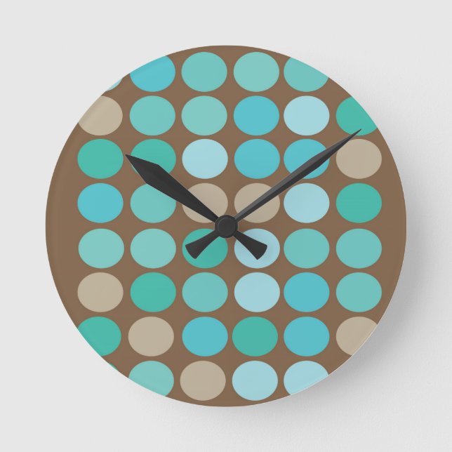 Aqua Blue Teal & Brown Dots Pattern Modern Round Clock (Front)