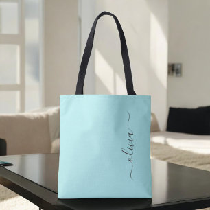 Aqua Blue Teal Girly Script Monogram Modern Tote Bag
