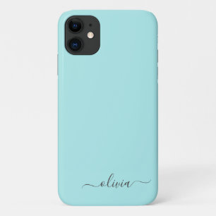 Aqua Blue Teal Girly Script Monogram Name Modern iPhone 11 Case