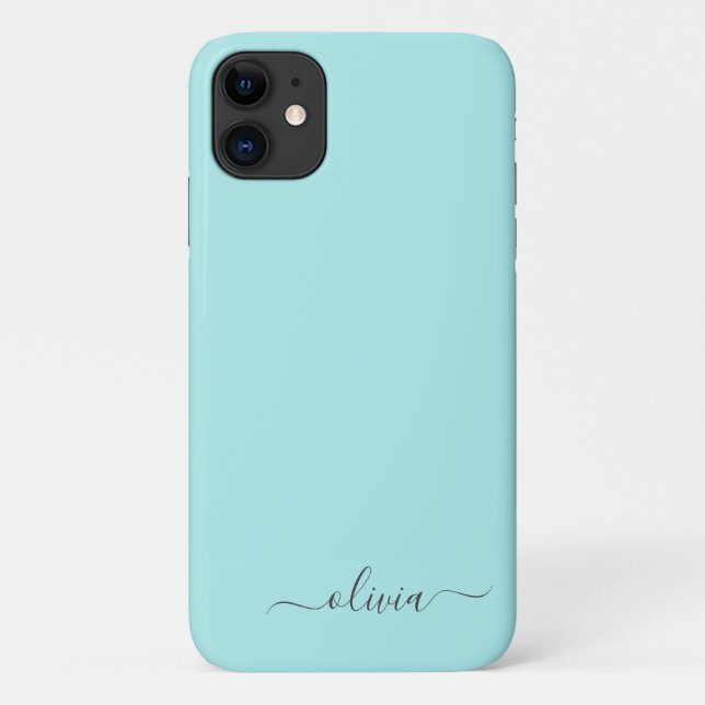 Aqua Blue Teal Girly Script Monogram Name Modern Case-Mate iPhone Case (Back)