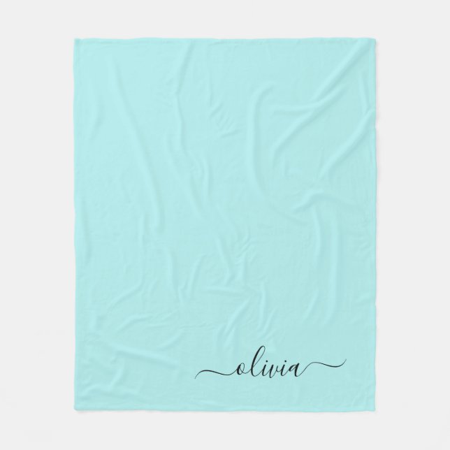 Aqua Blue Teal Girly Script Monogram Name Modern Fleece Blanket (Front)