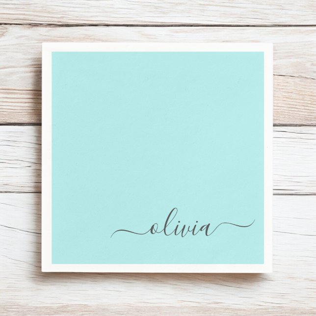Aqua Blue Teal Girly Script Monogram Name Modern Napkin (Creator Uploaded)
