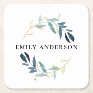 AQUA BLUE TEAL GOLD FOLIAGE WATERCOLOR WREATH SQUARE PAPER COASTER