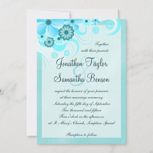 Aqua Blue Teal Hibiscus Floral Wedding Invitation (Front)