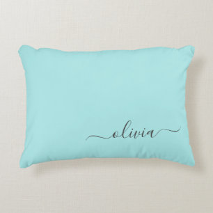 Aqua Blue Teal Modern Script Girly Monogram Name Accent Pillow