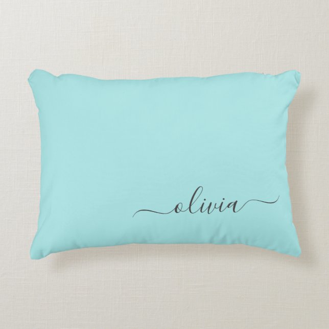 Aqua Blue Teal Modern Script Girly Monogram Name Accent Pillow (Front)