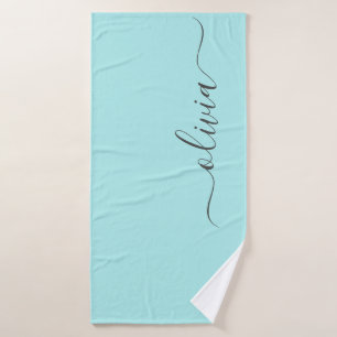 Aqua Blue Teal Modern Script Girly Monogram Name Bath Towel