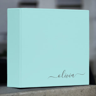 Aqua Blue Teal Modern Script Girly Monogram Name Binder