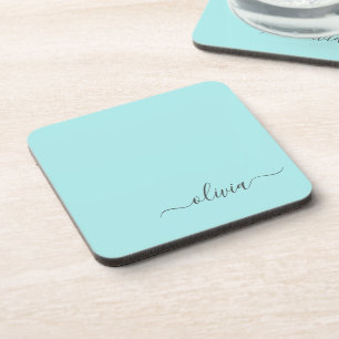 Aqua Blue Teal Modern Script Girly Monogram Name Coaster