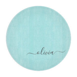 Aqua Blue Teal Modern Script Girly Monogram Name Cutting Board
