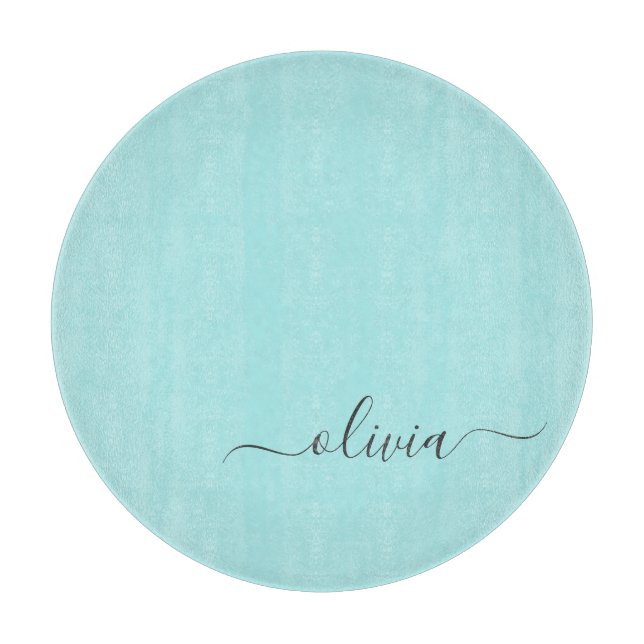 Aqua Blue Teal Modern Script Girly Monogram Name Cutting Board (Front)
